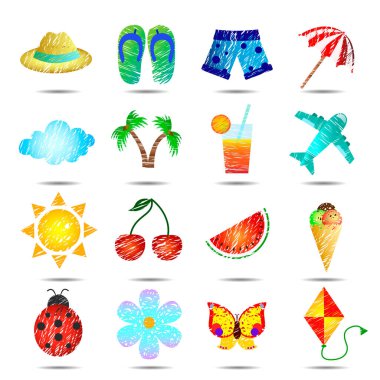Yaz temasında vuruşlarla çizilmiş parlak simgelerin vektör kümesi