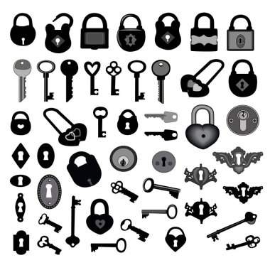 Beyaz arkaplanda çeşitli kilit ve anahtar deliklerinden oluşan siyah vektör siluetleri 