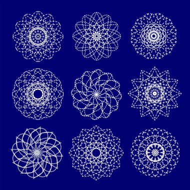 Beyaz kar tanelerinin vektörü, mavi arkaplanda geometrik çizgiler çiziyor.