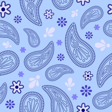 Açık mavi arkaplanda vektörsüz desenli mavi çiçekli sıra dışı geometrik desenler