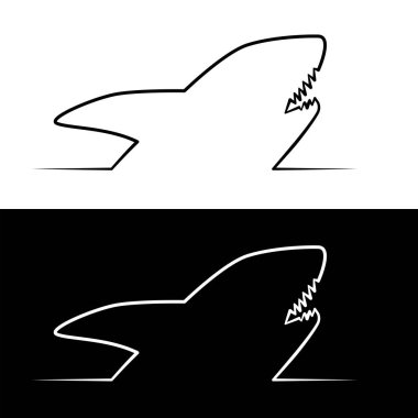 Logo ve tasarım için beyaz ve siyah arkaplan üzerine bir köpekbalığı balığının doğrusal silueti çizildi 