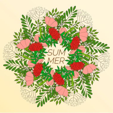 Çiçek çelengi ve yeşil yapraklar şeklinde yaz çiçeği arkaplanı. Kartpostalların ve broşürlerin tasarımı için.