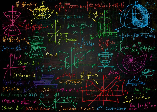 Matematiksel renkli formüller arka plan için siyah, kirli bir karatahtaya elle çizilmiş. Vektör illüstrasyonu.