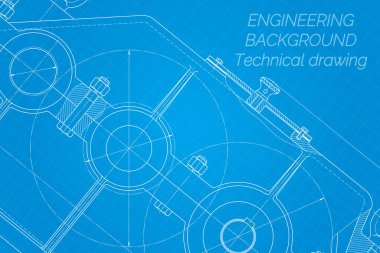 Mavi arka planda makine mühendisliği çizimleri. Redüktör. Teknik Tasarım. Koruyun. Ayrıntılı plan. Vektör illüstrasyonu.
