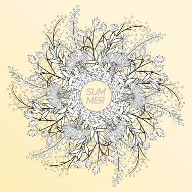 Çiçek ve yapraklardan oluşan bir çelenk şeklinde yaz çiçeği arkaplanı. Kartpostal, broşür, broşür tasarımı için. Renk sayfası.