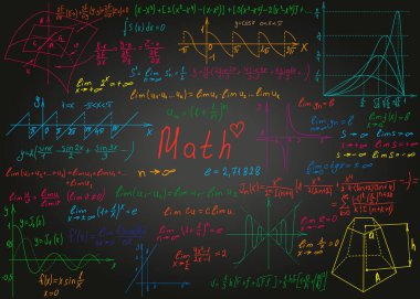 Matematiksel renkli formüller arka plan için siyah, kirli bir karatahtaya elle çizilmiş. Vektör illüstrasyonu.