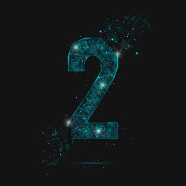 İki numaranın soyut mavi görüntüsü. Çokgen çizimler, gece gökyüzündeki yıldızlara benzer. Ya da cam kırıklarına. Web sitesi, web, internet için dijital tasarım