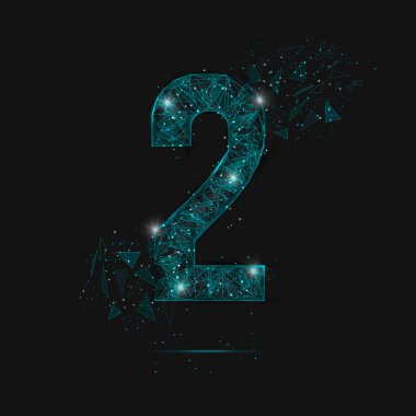 İki numaranın soyut mavi görüntüsü. Çokgen çizimler, gece gökyüzündeki yıldızlara benzer. Ya da cam kırıklarına. Web sitesi, web, internet için dijital tasarım