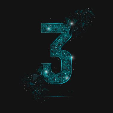 Üç numaranın soyut mavi görüntüsü. Çokgen çizimler, gece gökyüzündeki yıldızlara benzer. Ya da cam kırıklarına. Web sitesi, web, internet için dijital tasarım
