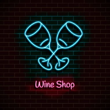 Şarap dükkanı. Neon mavisi. Hafif afiş. Vektör İllüstrasyonu