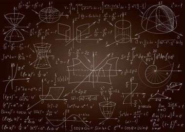 Matematiksel formüller arka plan için kahverengi bir karatahtaya elle çizilmiş. Vektör illüstrasyonu