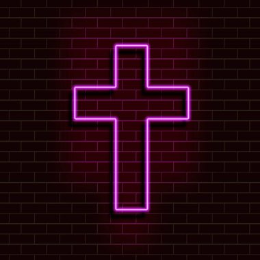 Duvarda neon mor bir Hıristiyan haçı. Web tasarımı için dekoratif gerçekçilik öğesi. Vektör İllüstrasyonu