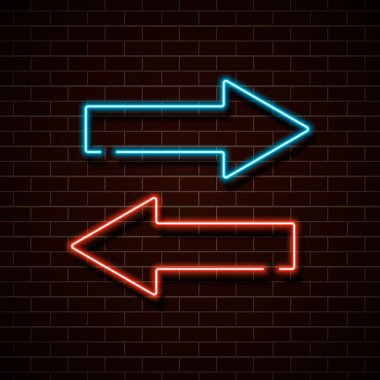 Tuğla bir duvarda neon kırmızı ve mavi oklar. Vektör İllüstrasyonu