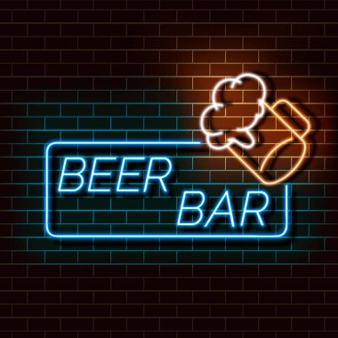 Tuğla duvarda bira barı neon lambası afişi. Mavi ve turuncu tabela. Web tasarımı Vektör İllüstrasyonu için dekoratif gerçekçi retro ögesi