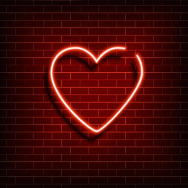 Neon kalp. Tuğla duvarda parlak kırmızı bir tabela. Sevgililer Günü için tasarım öğesi. Vektör illüstrasyonu