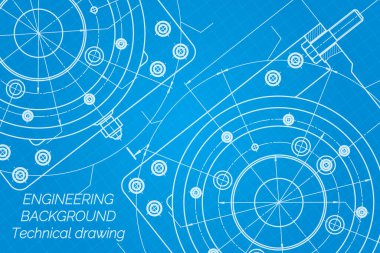 Mavi arka planda makine mühendisliği çizimleri. Değirmen makinesi Milli. Teknik Tasarım. Koruyun. Ayrıntılı plan. Vektör illüstrasyonu