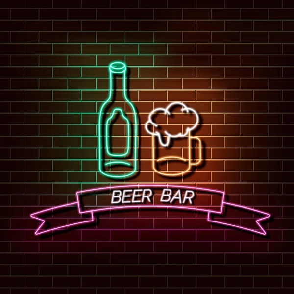 啤酒吧的霓虹灯在砖墙上 绿色和粉色标志 网页设计矢量描述符的装饰逼真复古元素 — 图库矢量图片