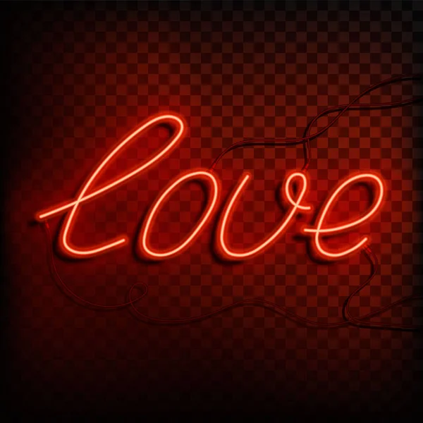 Neon Wort Liebe. Ein leuchtend rotes Schild auf einem transparenten Hintergrund. Element des Designs für einen glücklichen Valentinstag. Vektorillustration. — Stockvektor