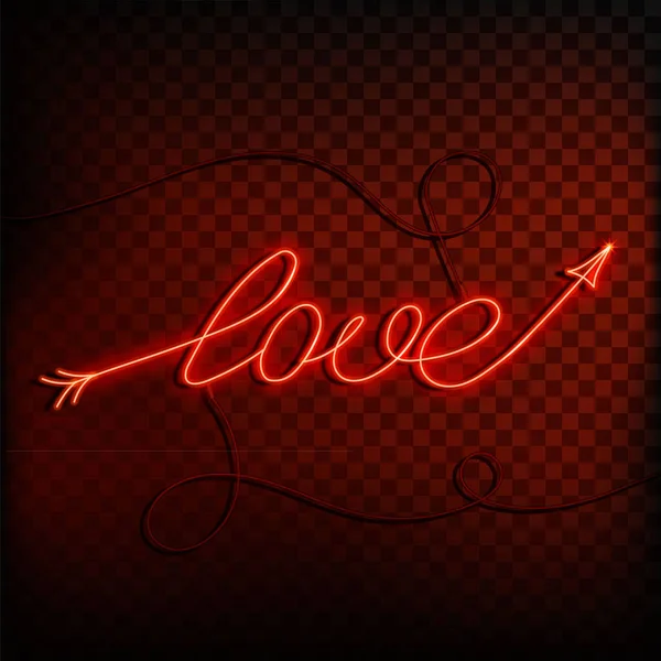 Neon word love. A bright red sign on a on a transparent background. Element of design for a happy Valentine s day. Vector illustration. — Stock Vector