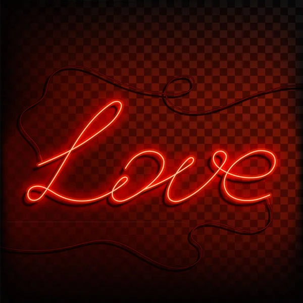 Parole al neon amore. Un segno rosso brillante su uno sfondo trasparente. Elemento di design per un felice San Valentino. Illustrazione vettoriale. — Vettoriale Stock