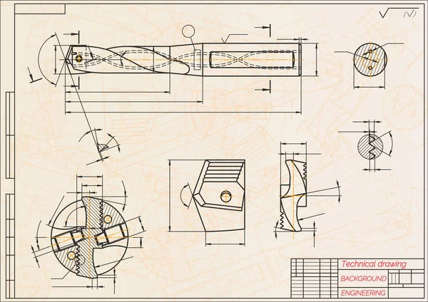 Werktuigbouwkundige tekeningen op blauwe achtergrond. Boorgereedschap, boormachine. Technisch ontwerp. Dekking. Blauwdruk. Vectorillustratie. — Stockvector