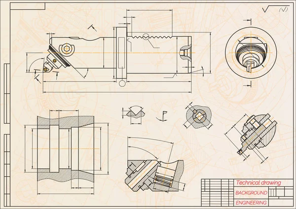 Dessins de génie mécanique sur fond bleu. Barre d'alésage avec réglage micrométrique. Conception technique. Couverture. Plan directeur. Illustration vectorielle. — Image vectorielle