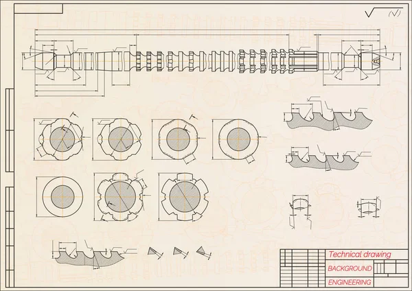 Mavi arka planda makine mühendisliği çizimleri. Patlat. Teknik Tasarım. Koruyun. Ayrıntılı plan. Vektör illüstrasyonu.