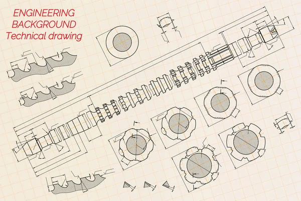 Desenhos de engenharia mecânica em fundo azul. Broach. Design técnico. Cobertura. Planta. Ilustração vetorial. — Vetor de Stock