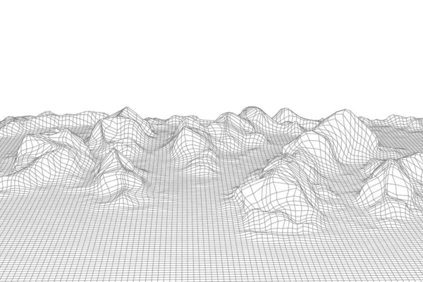 추상 벡터 와이어 프레임 지형 배경. 3D 미래의 메시 산. 80 년 대의 역 일러스트. 사이버 우주 과학 기술 골짜기. — 스톡 벡터