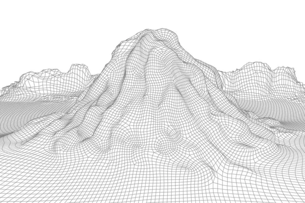 Soyut vektör kablo çerçevesi arkaplanı. Üç boyutlu fütüristik örgü dağları. 80 'lerin Retro çizimi. Siber uzay teknolojisi vadileri