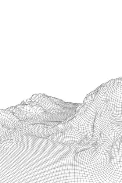 Αφηρημένο διάνυσμα wireframe τοπίο φόντο. 3D φουτουριστικά βουνά. Εικονογράφηση της δεκαετίας του 80. Κοιλάδες τεχνολογίας κυβερνοχώρου. — Διανυσματικό Αρχείο