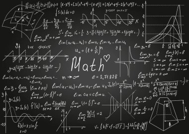 Matematiksel beyaz formüller arka plan için kara tahtaya elle çizilmiş. Vektör illüstrasyonu.