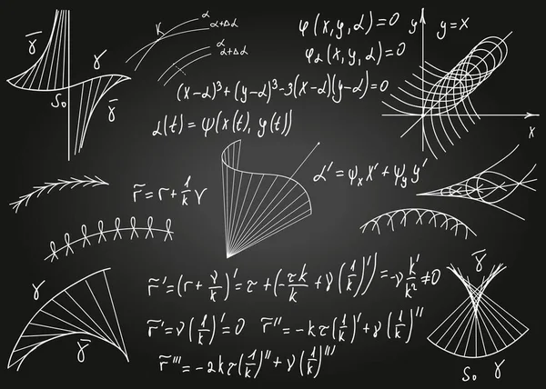 Mathematical formulas drawn by hand on the black chalkboard for the background. Vector illustration. — Stock Vector