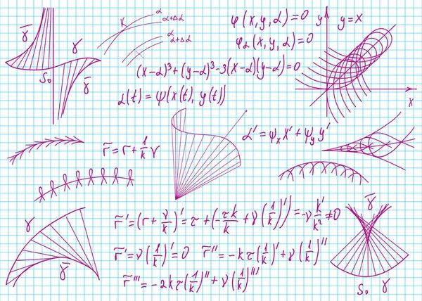 Matematiksel formüller arka plan için bir defter sayfasına elle çizilmiş. Vektör illüstrasyonu. — Stok Vektör