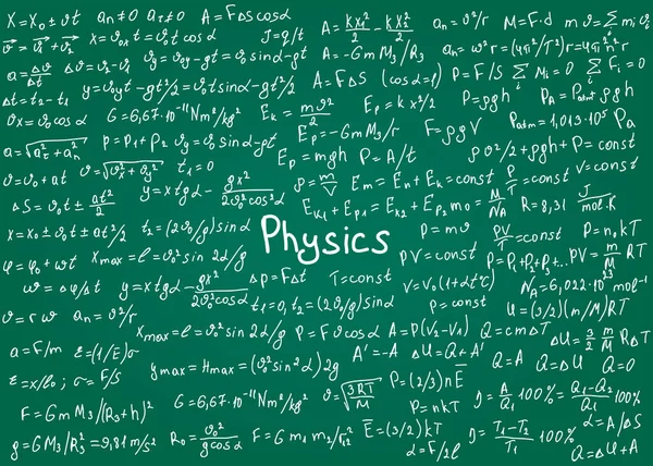 Physik-Formeln, die von Hand auf eine grüne Kreidetafel für den Hintergrund gezeichnet wurden. Vektorillustration. — Stockvektor