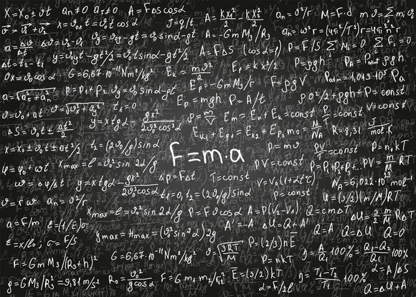 Physics formulas drawn by hand on the black chalkboard for the background. Vector illustration. — Stock Vector