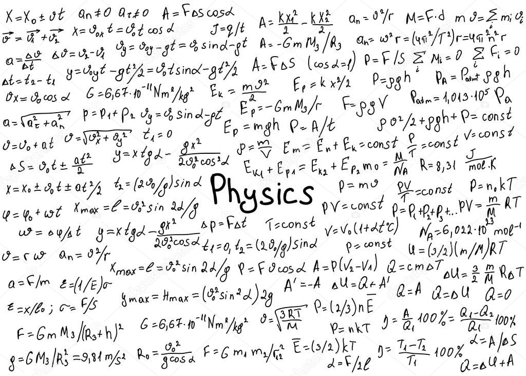 Physics formulas drawn by hand on a white chalkboard for the background. Vector illustration.