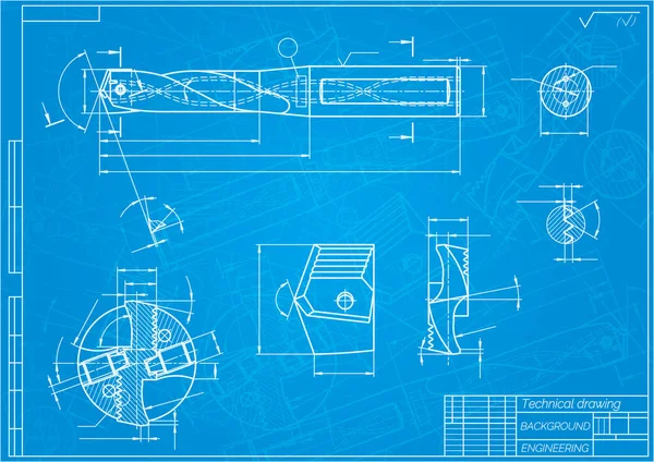 Mavi arka planda makine mühendisliği çizimleri. Matkap aletleri, daha sıkıcı. Teknik Tasarım. Koruyun. Ayrıntılı plan. Vektör illüstrasyonu.