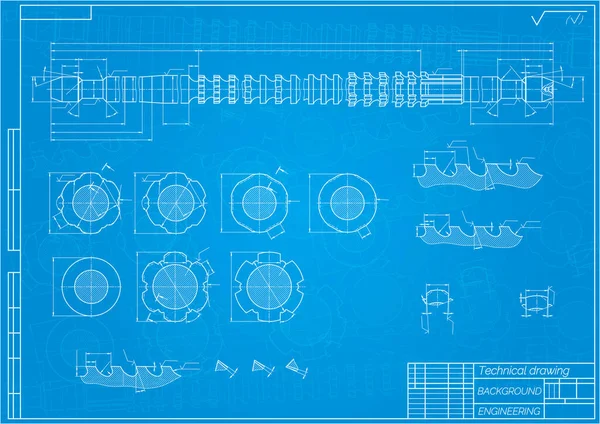 Desenhos de engenharia mecânica em fundo azul. Broach. Design técnico. Cobertura. Planta. Ilustração vetorial. — Vetor de Stock