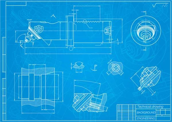青の背景に機械工学図面。マイクロメートル法の調整とボーリングバー。技術設計。援護しろ。青写真だ。ベクターイラスト. — ストックベクタ