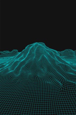 Mavi soyut vektör kablo çerçevesi arkaplanı. Üç boyutlu fütüristik örgü dağları. 80 'lerin Retro çizimi. Siber uzay teknolojisi vadileri.
