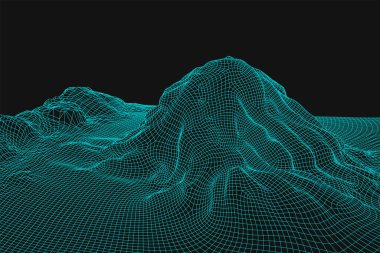 Mavi soyut vektör kablo çerçevesi arkaplanı. Üç boyutlu fütüristik örgü dağları. 80 'lerin Retro çizimi. Siber uzay teknolojisi vadileri.