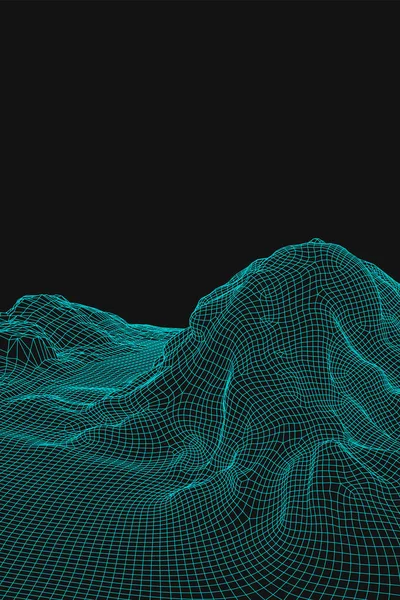 Mavi soyut vektör kablo çerçevesi arkaplanı. Üç boyutlu fütüristik örgü dağları. 80 'lerin Retro çizimi. Siber uzay teknolojisi vadileri.