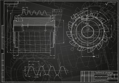 Siyah arka planda makine mühendisliği çizimleri. Kesme aletleri, değirmen kesici. Teknik Tasarım. Koruyun. Ayrıntılı plan. Vektör illüstrasyonu.