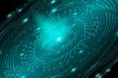 Siber punk tarzında mavi fütüristik teknoloji geçmişi. Dijital sanat. Kartpostal tasarımı, poster, afiş. Vektör illüstrasyonu.