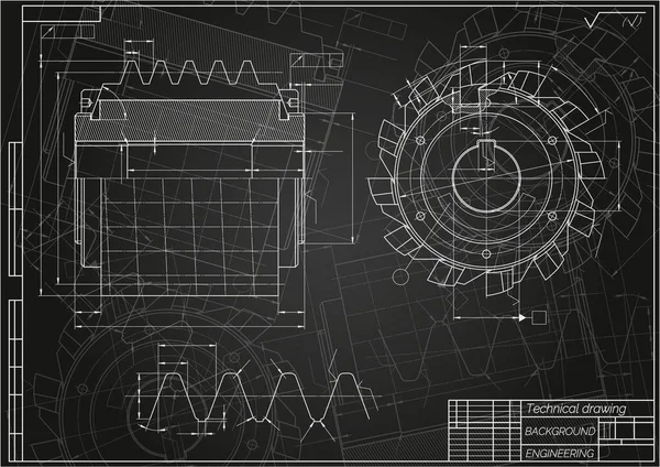 Siyah arka planda makine mühendisliği çizimleri. Kesme aletleri, değirmen kesici. Teknik Tasarım. Koruyun. Ayrıntılı plan. Vektör illüstrasyonu.