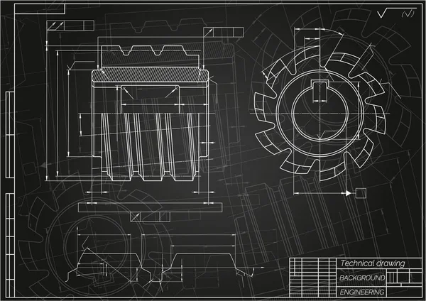 Gépészmérnöki rajzok fekete háttérrel. Vágószerszámok, marószerszám. Technikai tervezés. Fedezz! Tervrajz. Vektorillusztráció. — Stock Vector