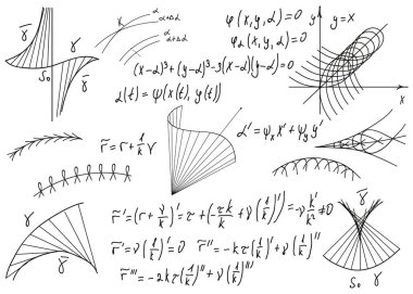 Matematiksel formüller arka plan için beyaz karatahtaya elle çizilmiş. Vektör illüstrasyonu.