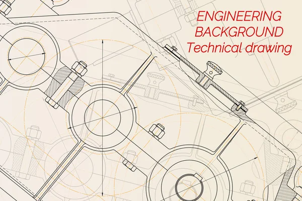 Desenhos de engenharia mecânica em fundo claro. Redutor. Design técnico. Cobertura. Ilustração vetorial. — Vetor de Stock