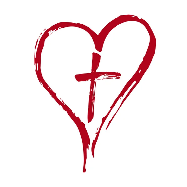Християнський червоний хрест і серце намальовані пензлем. Векторний приклад. — стоковий вектор